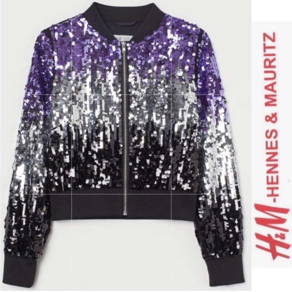 H&M Sequin Ombré Bomber Jacket in Purple, Silver & Black